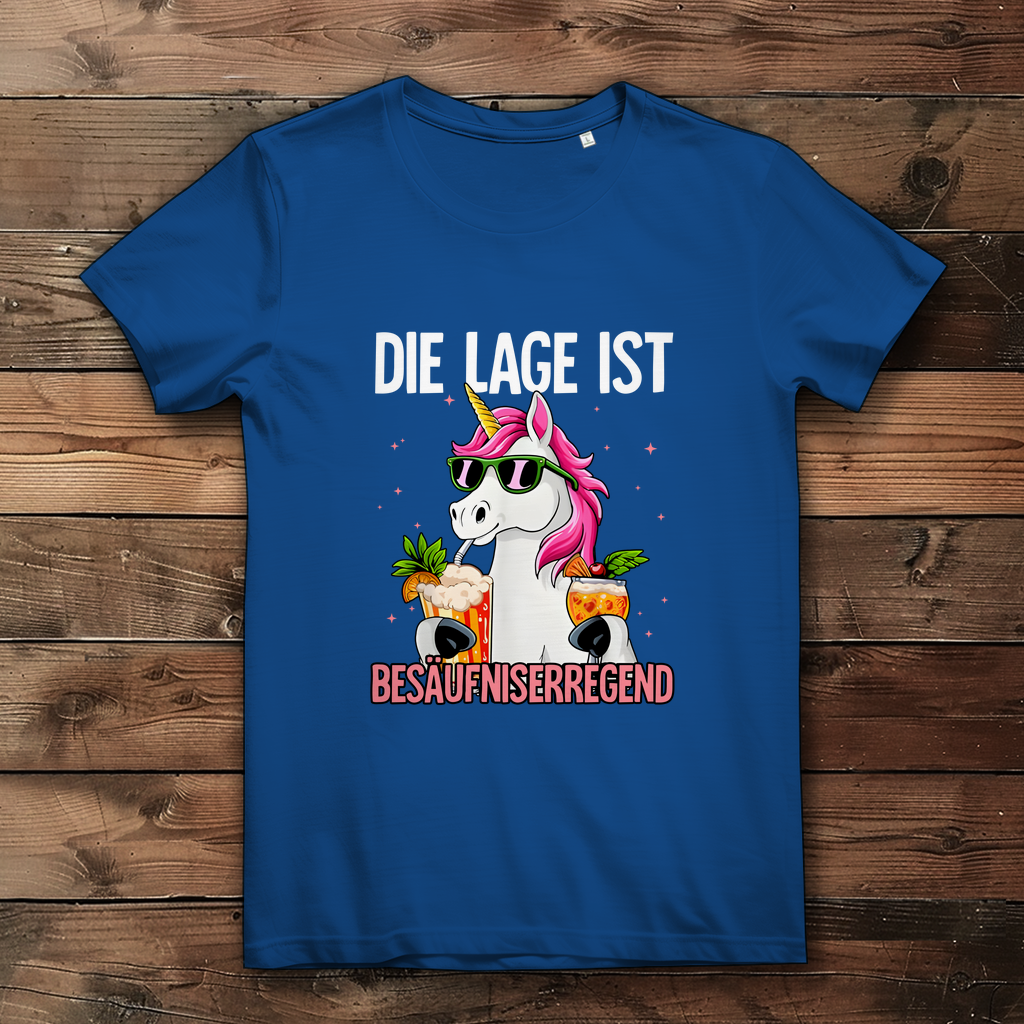 Damen Bio-Baumwoll T-Shirt | "Die Lage ist Besäufniserregend" | Lustiges Einhorn Party Shirt