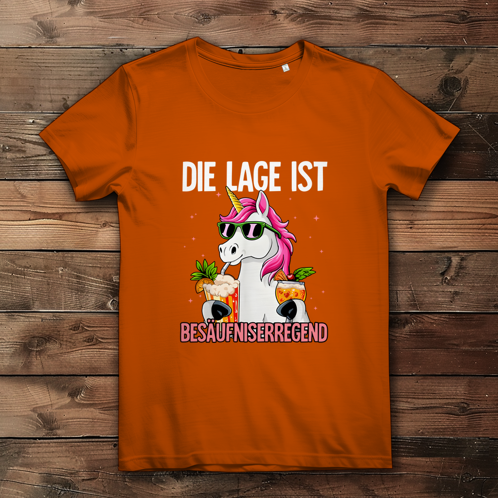 Damen Bio-Baumwoll T-Shirt | "Die Lage ist Besäufniserregend" | Lustiges Einhorn Party Shirt