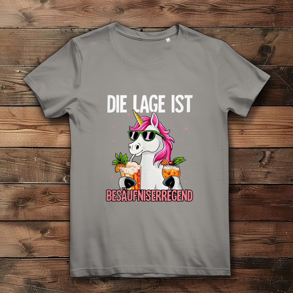 Damen Bio-Baumwoll T-Shirt | "Die Lage ist Besäufniserregend" | Lustiges Einhorn Party Shirt